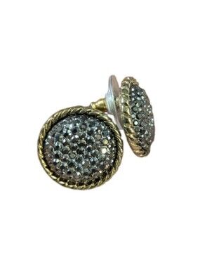 Round Pavé Crystal Stud Earrings - Gold Tone with Blue Crystals
